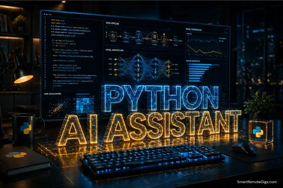 A high-end developer setup featuring glowing data pipelines, representing the best AI code assistant for Python in 2026.