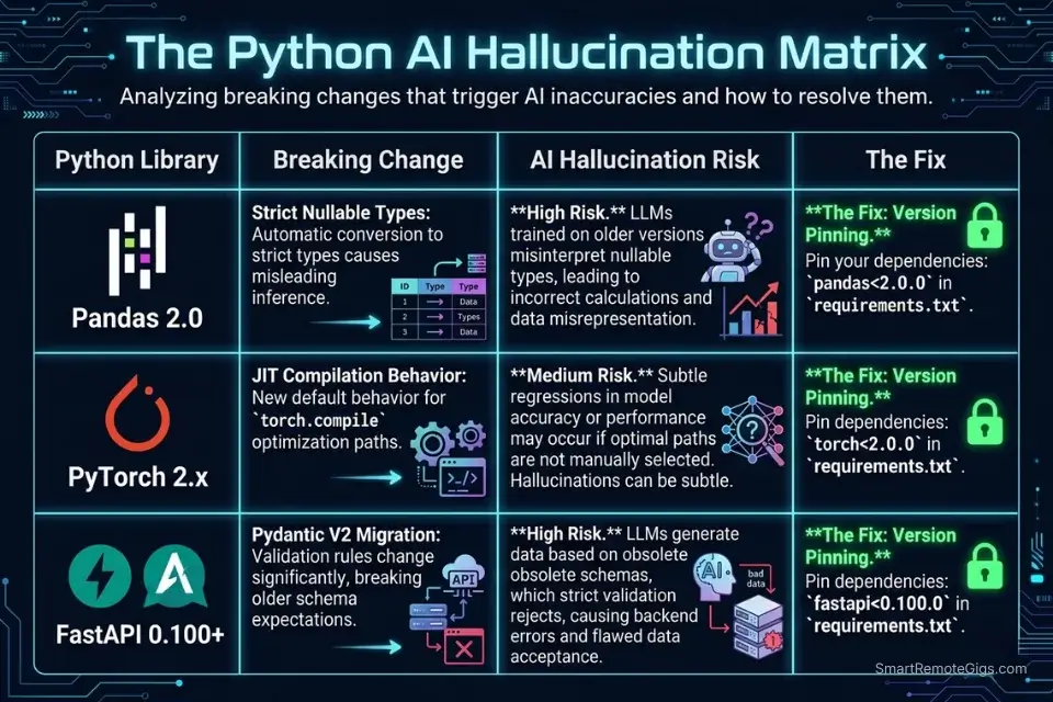 A risk matrix showing why generic AI code assistants for Python hallucinate on Pandas 2.0 and PyTorch breaking changes.