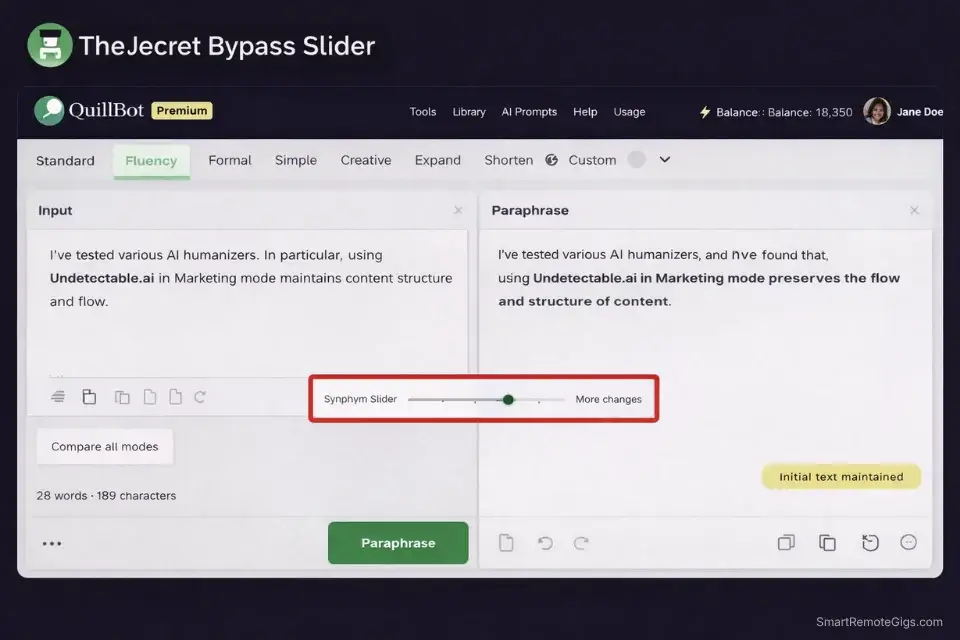 Screenshot of QuillBot Premium's Fluency mode highlighting the optimal synonym slider setting to bypass AI detectors.
