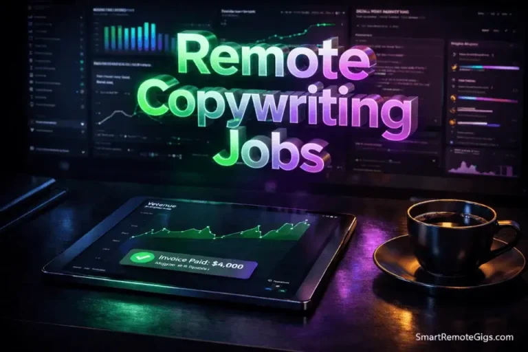 Cinematic 3D desk setup representing high-ticket remote copywriting jobs and retainer contracts in 2026.