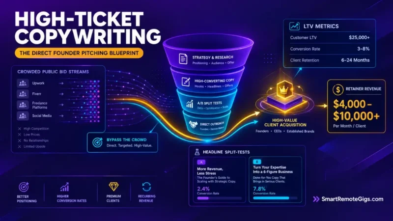 High-ticket remote copywriting jobs strategy blueprint showing direct founder pitching and conversion funnel frameworks.