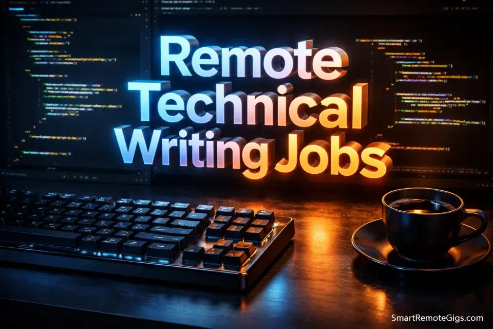 Cinematic 3D illustration representing high-paying remote technical writing jobs and API documentation.