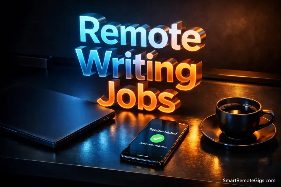 Cinematic 3D desk setup representing high-ticket remote writing jobs in 2026.