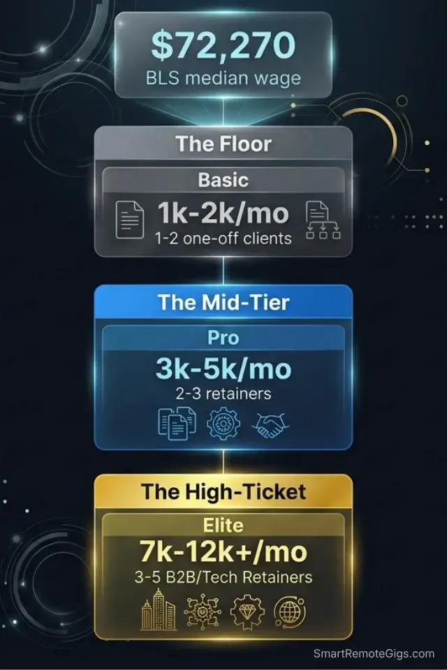 Salary and monthly retainer income tiers for remote writing jobs in 2026.