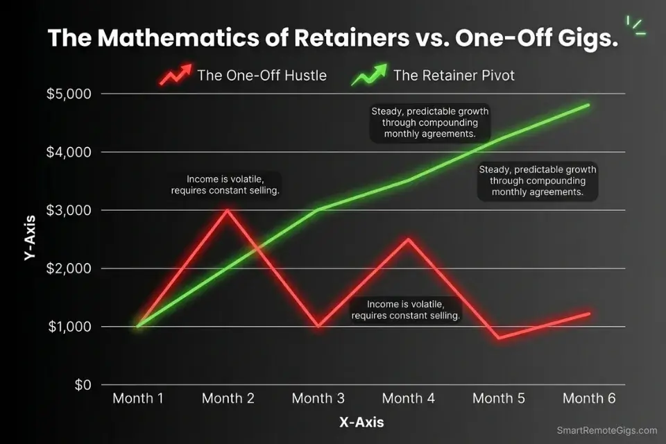 Revenue comparison graph showing how converting one-off remote copywriting jobs into retainers scales income.