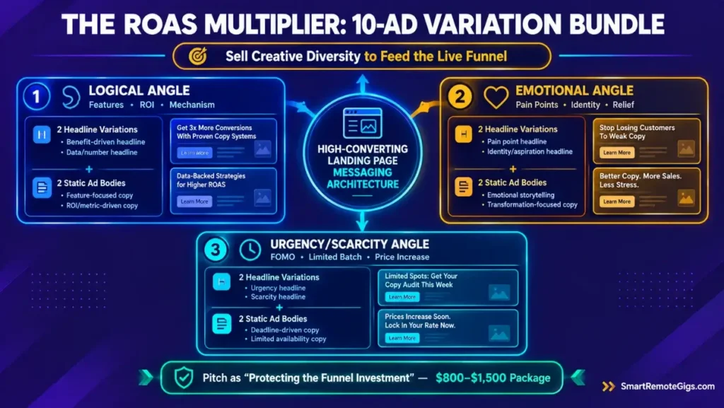 Diagram showing the 10-variation ad copy upsell package structure for direct-response freelance copywriters.