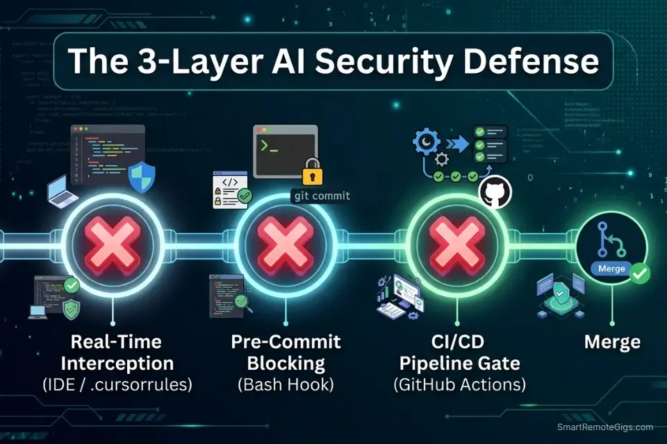 A pipeline diagram showing the three layers of AI code review defense: IDE interception, pre-commit hooks, and CI/CD gating.