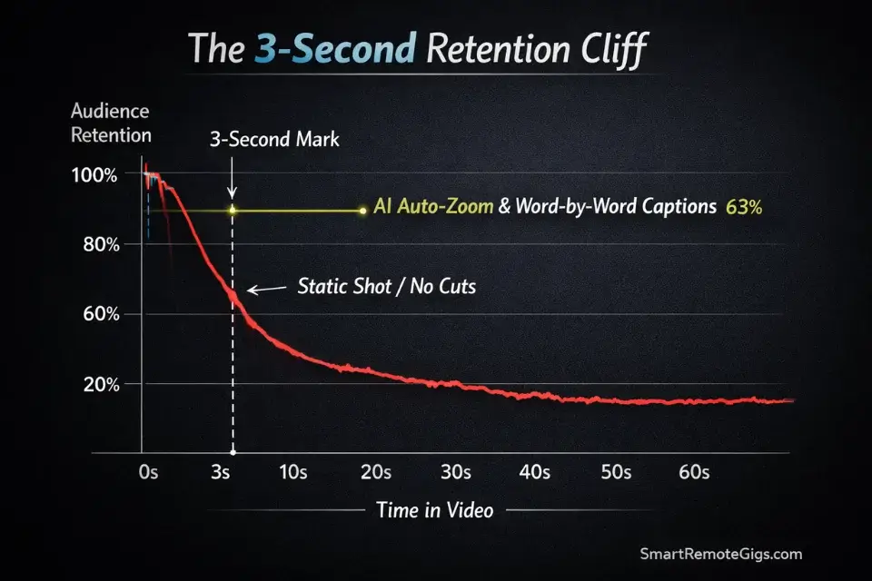 Data graph showing how AI auto-zooms and dynamic captions prevent the 3-second audience retention drop-off in short-form video.