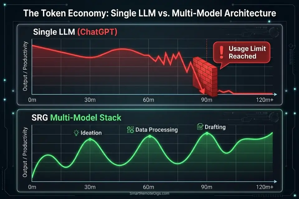 Line chart comparing ChatGPT rate limit exhaustion to a sustained multi-model free AI workflow.