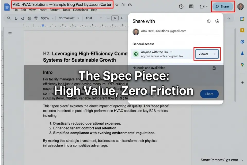 Setting up a view-only Google Doc spec piece to pitch entry level remote writing jobs.