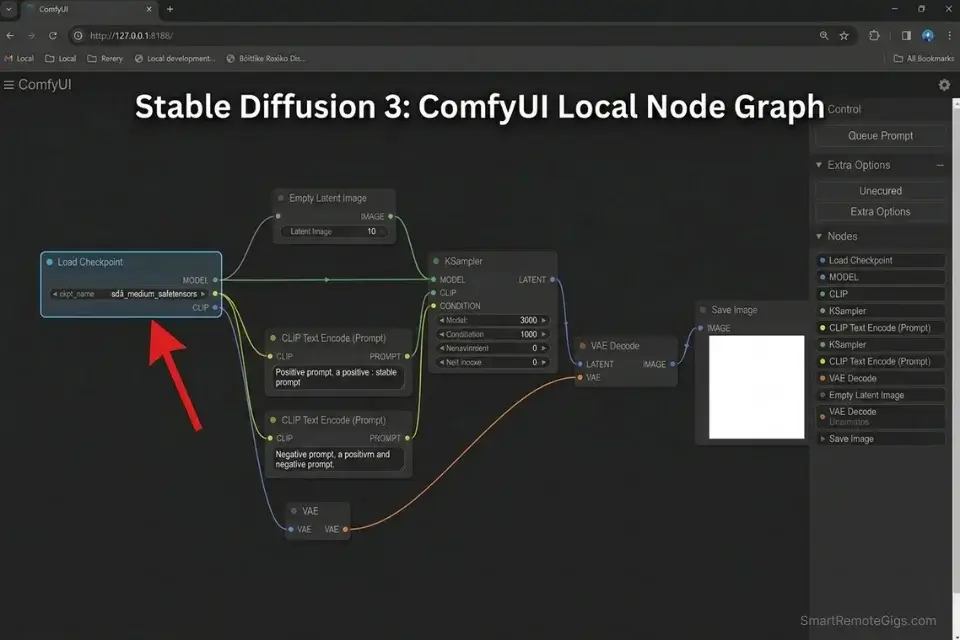 ComfyUI node-based interface running Stable Diffusion 3 locally for zero-cost image generation.