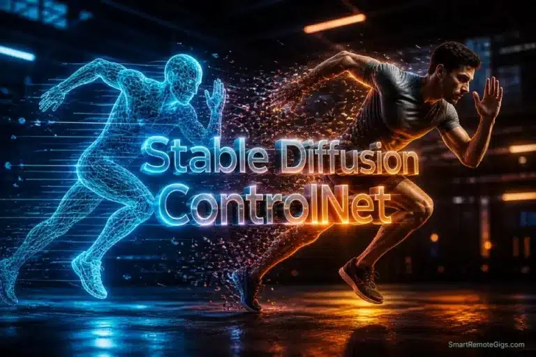 3D glowing text reading Stable Diffusion ControlNet over a wireframe skeleton transforming into a photorealistic runner.
