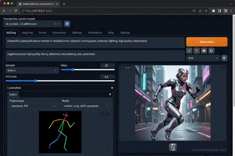 Stable Diffusion ControlNet OpenPose extension locking the exact anatomical pose of a video game character.
