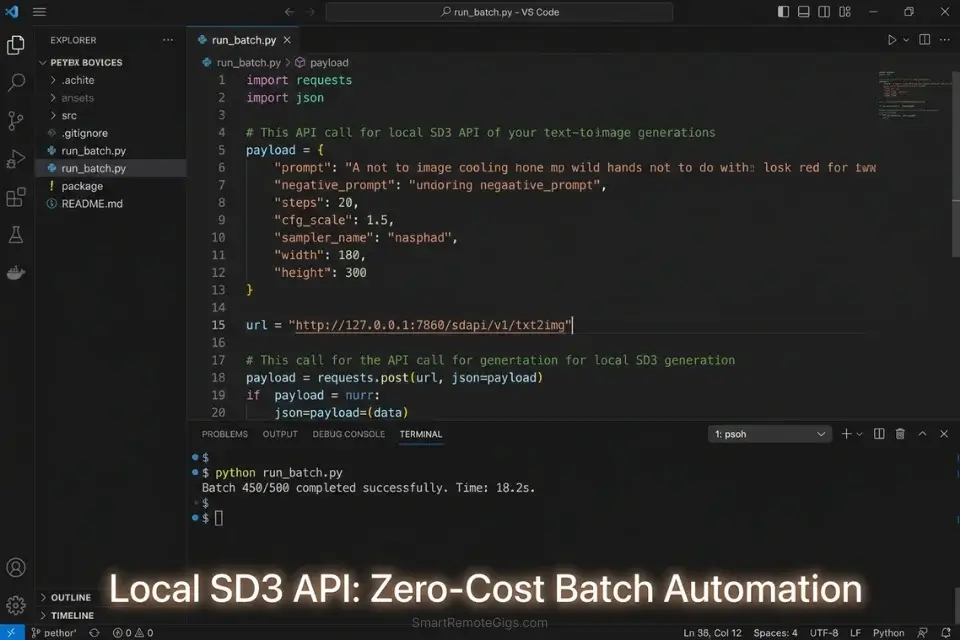 Python script running a local API batch automation for Stable Diffusion, bypassing manual Discord generation.