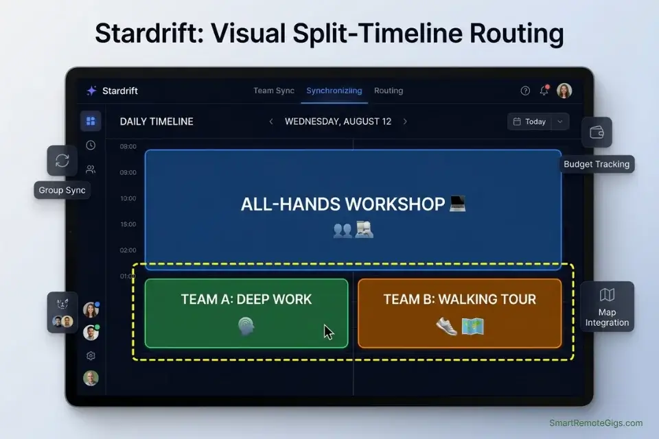 A screenshot of the Stardrift free AI travel planner showing how to manage split timelines and individual deep work blocks during a group retreat.