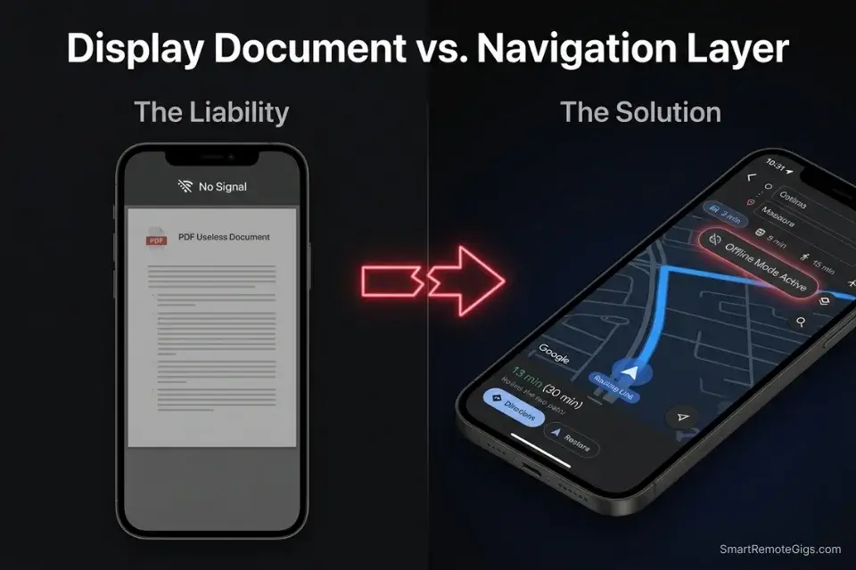 An infographic comparing the dangers of a static PDF travel plan to the reliability of exporting an AI travel itinerary to Google Maps offline.