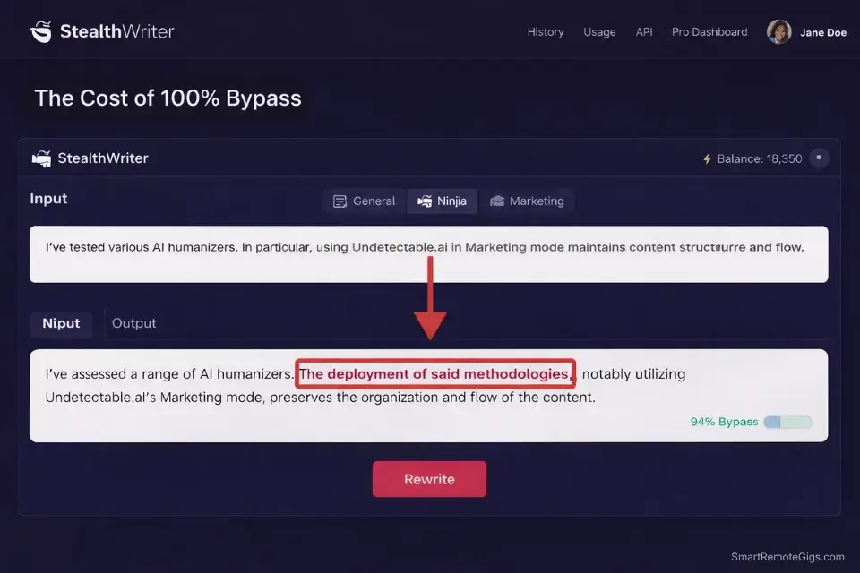 creenshot of StealthWriter's Ninja mode generating awkward, over-synonymized phrasing that requires heavy editing.