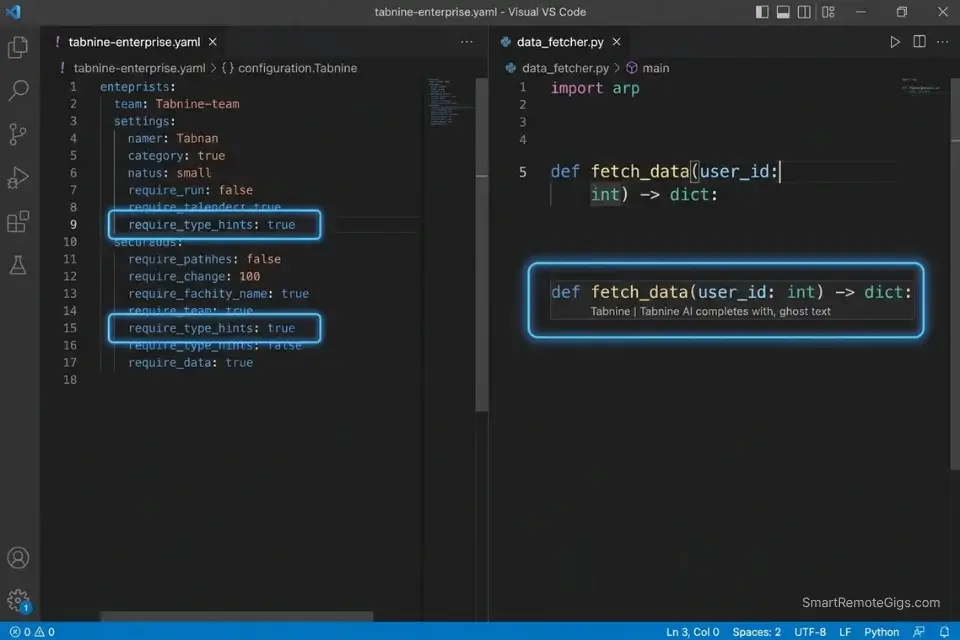 Tabnine Enterprise enforcing organization-wide Python type hint rules via team instruction files.