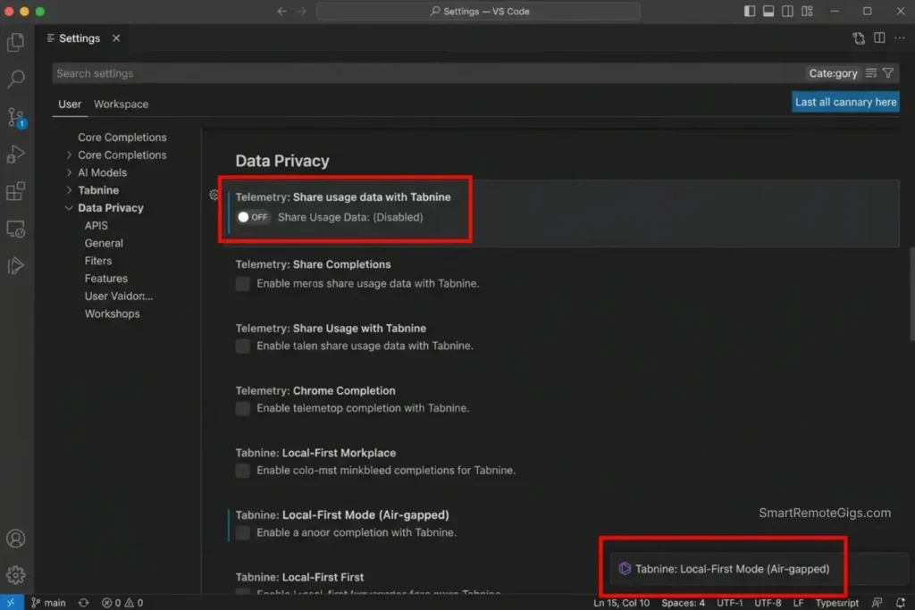 Disabling telemetry in Tabnine Free settings to ensure student project code remains private while using AI autocomplete.