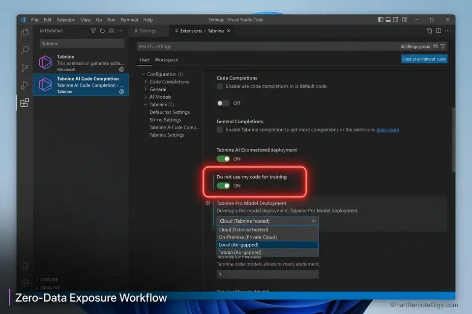 Configuring Tabnine local privacy settings to keep enterprise API keys secure during AI code generation.