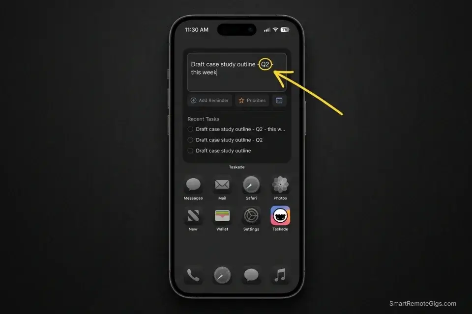 Mobile home screen screenshot showing the fast-capture widget syntax for logging an Eisenhower Matrix task in under 5 seconds.