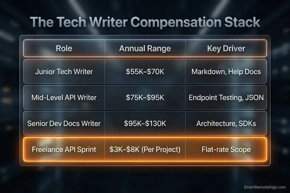 Salary tiers and freelance rates for remote technical writers and API documentation specialists.