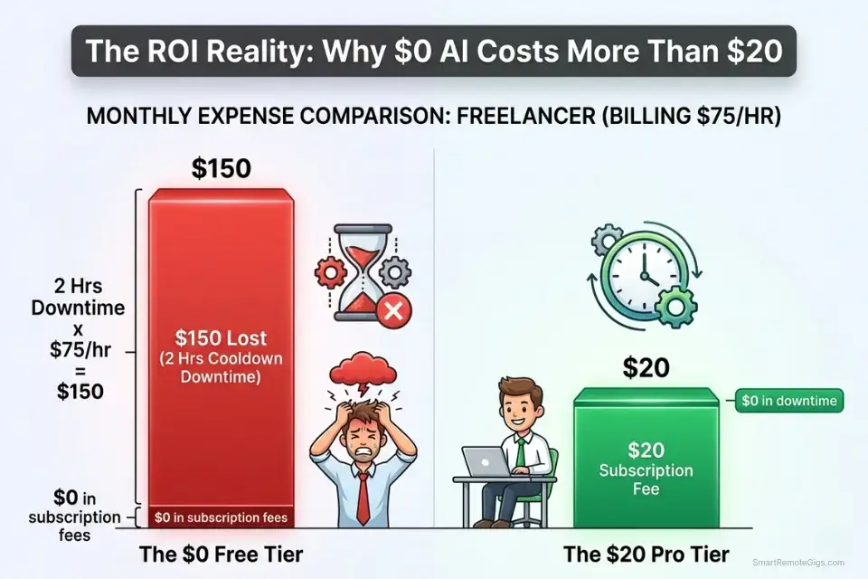 Bar chart infographic comparing the true cost of free AI tools' rate limit downtime versus paying for a premium AI subscription.