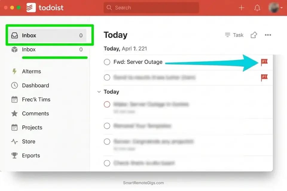 Todoist screenshot showing an automated email-to-task routing rule applying a P1 priority flag for Quadrant 1 execution.