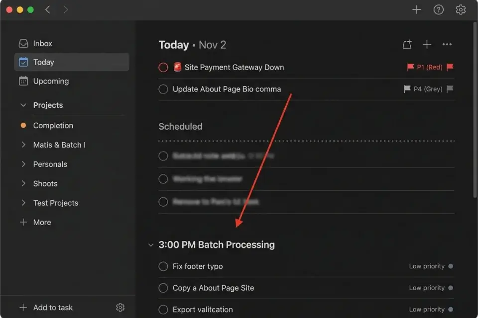 Todoist screenshot showing a freelancer triaging Quadrant 1 and Quadrant 3 client emergencies using P1 and P4 priority flags.