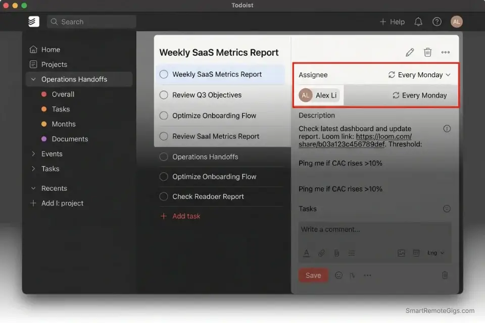 Screenshot demonstrating how founders use Todoist to delegate Quadrant 3 tasks permanently using the Loom & Leave protocol.