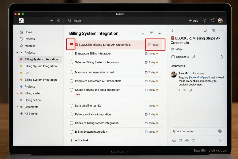 Todoist screenshot showing a project manager flagging a Quadrant 1 developer blocker using a P1 priority tag for immediate cross-functional resolution.