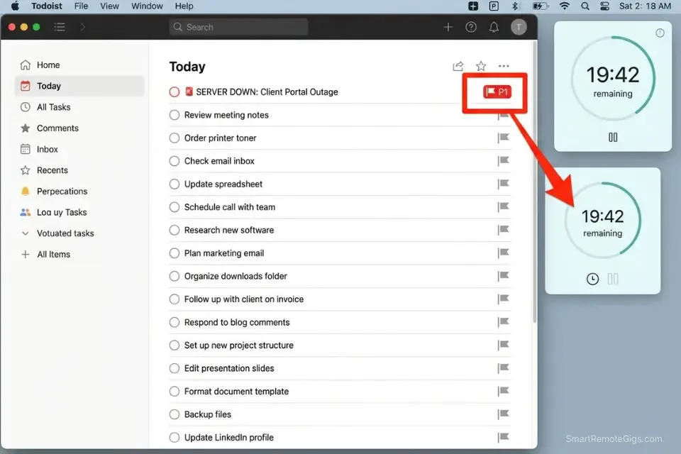 Screenshot of Todoist demonstrating how to use a P1 priority flag to bypass a GTD inbox for Quadrant 1 tactical emergencies.