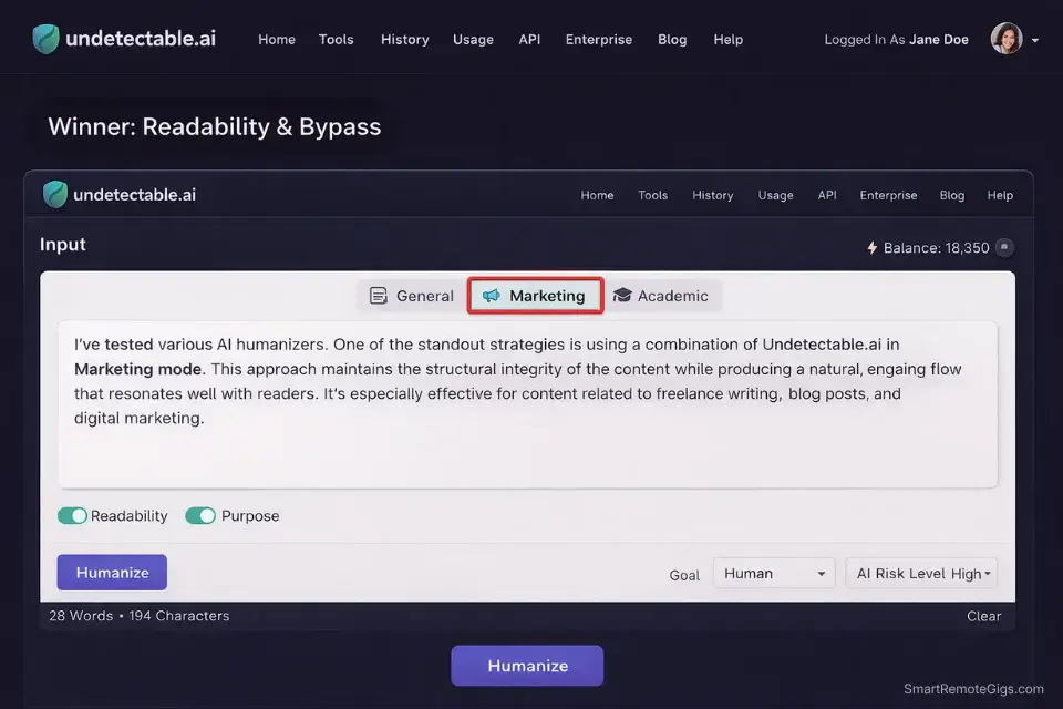 Screenshot of the Undetectable.ai dashboard highlighting the optimal Marketing mode setting for freelance writers.