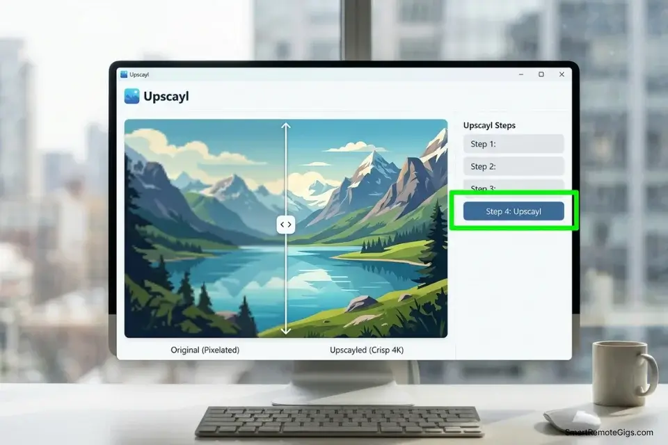 Screenshot of the Upscayl free local AI upscaler software converting a low-resolution AI image to 4K print-ready quality.