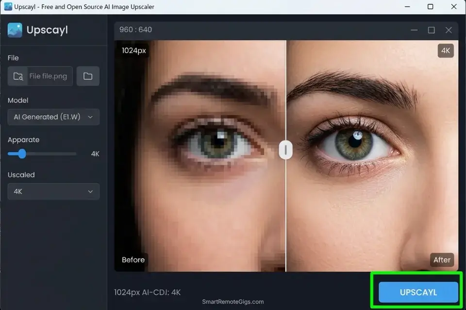 Screenshot of the free Upscayl desktop software converting a low-resolution AI generation into a sharp 4K client-ready asset.