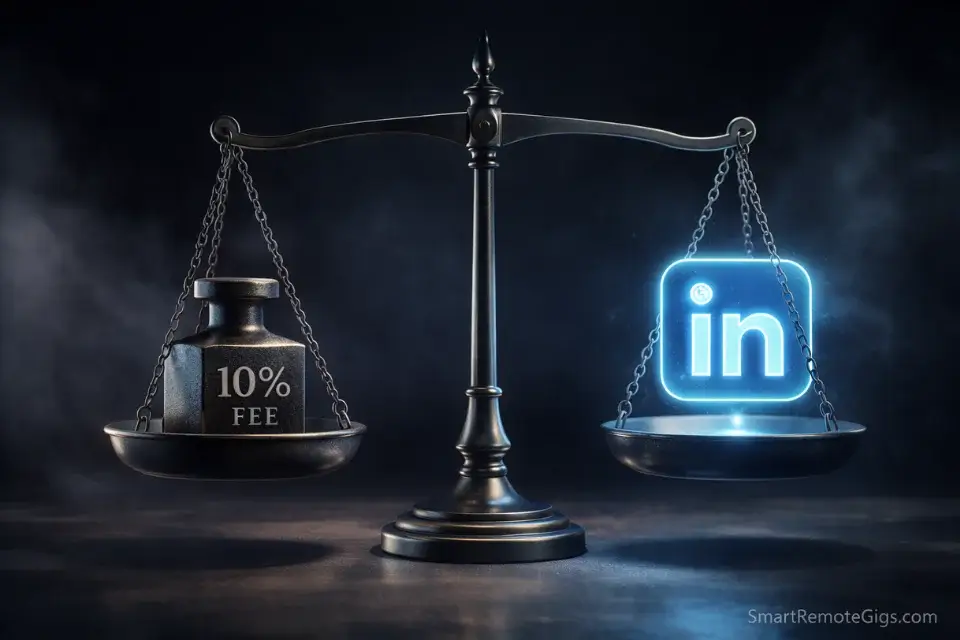 3D concept art showing the heavy weight of 10 percent platform fees compared to organic outreach to get freelance clients on linkedin.