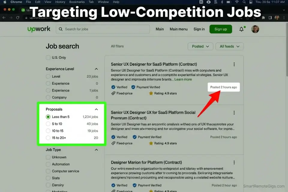 Annotated screenshot of the Upwork job search filters showing how beginners can find low competition roles for upwork vs linkedin for freelancers.