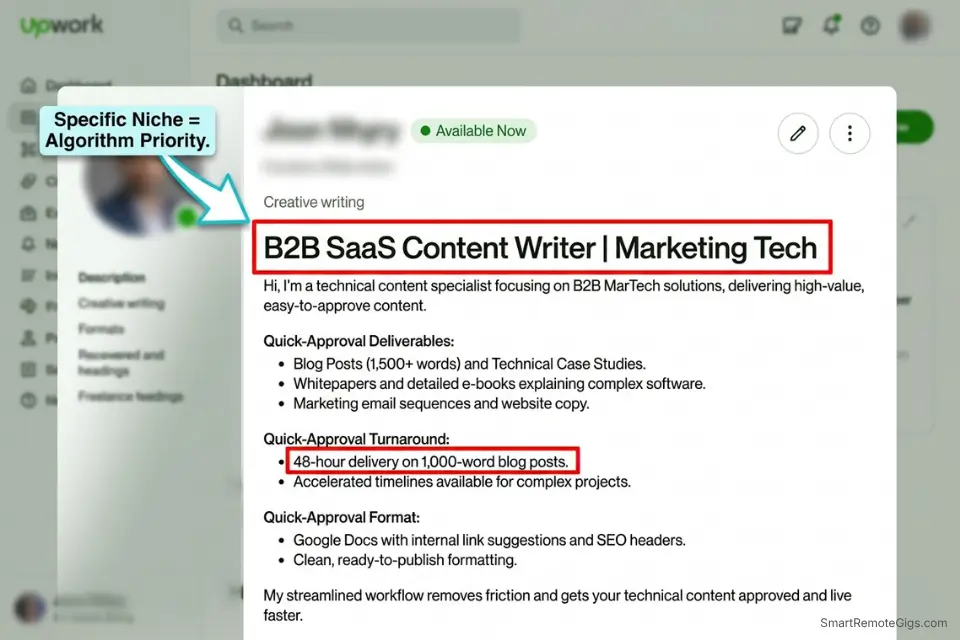 Optimized Upwork profile bio for beginner freelance writers targeting content mills.