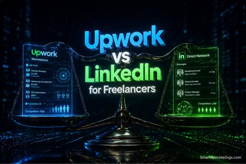 3D glowing text showing upwork vs linkedin for freelancers over a futuristic balancing scale.