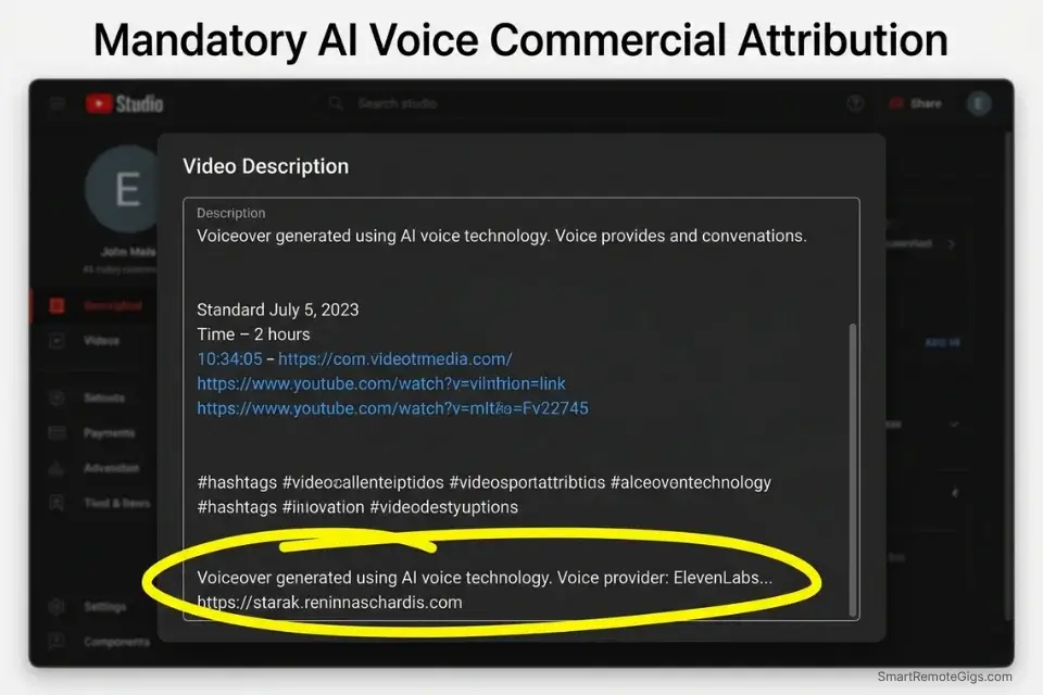 Mockup of a YouTube video description showing the required legal attribution for using free AI voice generators commercially.