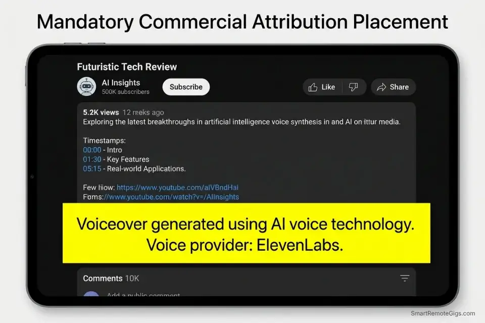 Mockup of a YouTube video description showing the required legal attribution for using free AI voice generators commercially.