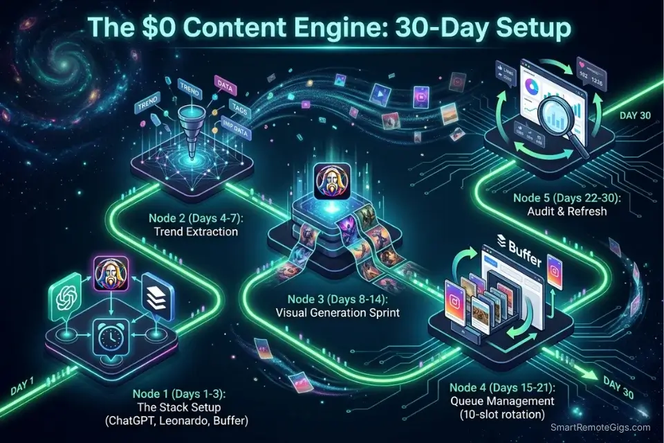 A 30-day execution timeline graphic for launching an automated content engine using free AI social media tools.