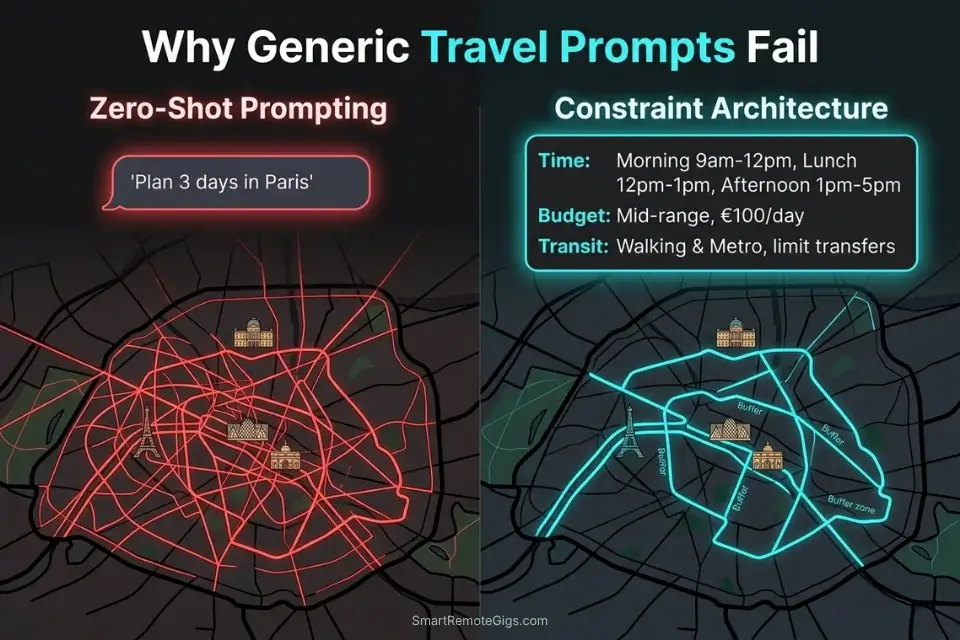 An infographic comparing a generic zero-shot AI travel planner prompt to a highly structured constraint-based prompt.