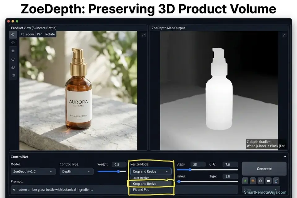 ControlNet ZoeDepth preprocessor map showing the grayscale 3D volume gradient of a product bottle.