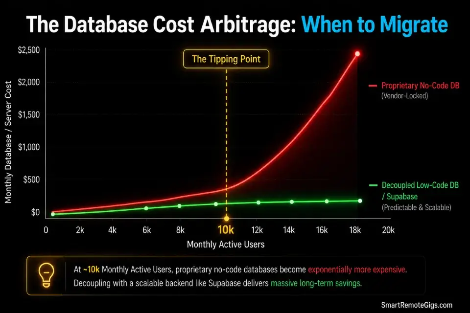 Line graph showing the 10,000 user threshold and cost spikes when comparing no code vs low code scalability.