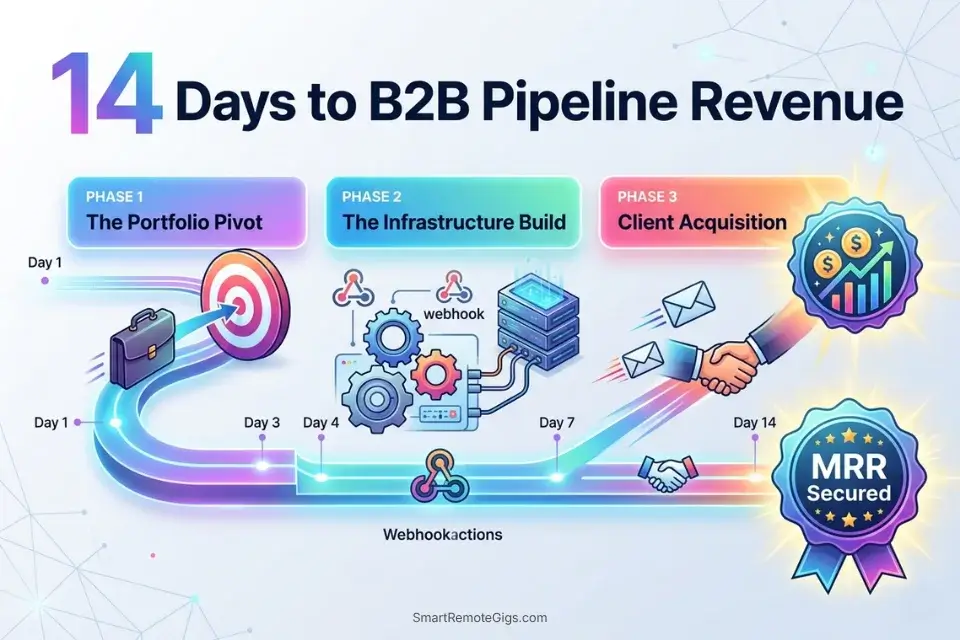 A 14-day roadmap infographic for transitioning from AI hobbyist to a profitable B2B freelance agency.