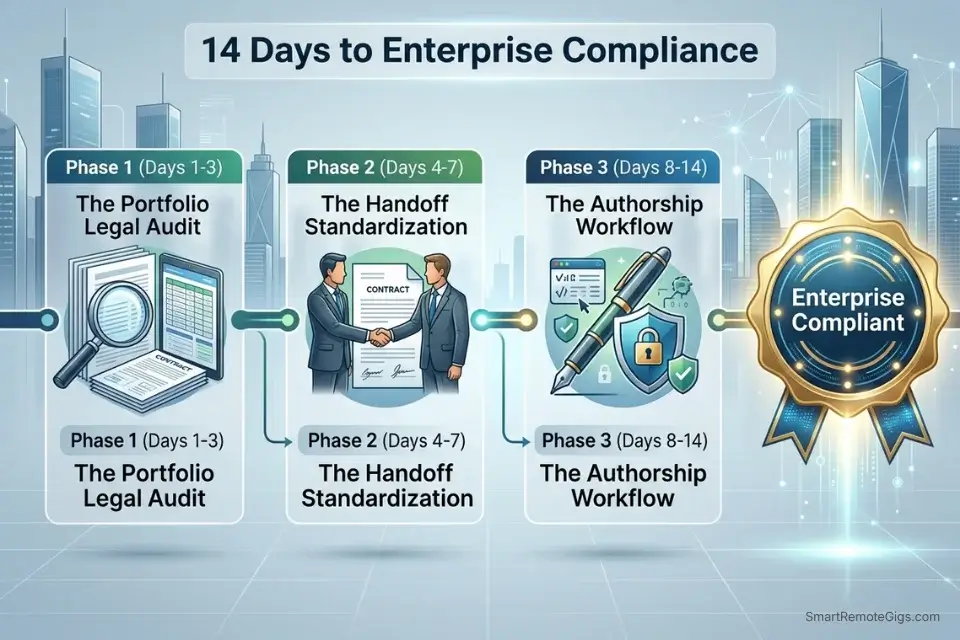 A 14-day roadmap infographic for auditing AI portfolios, standardizing enterprise legal contracts, and establishing human authorship workflows.