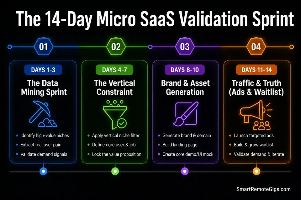 14-day timeline infographic mapping the exact sprint for how to find micro saas ideas and shadow launch them.