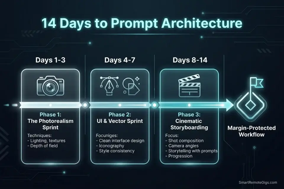 A 14-day roadmap infographic for mastering Midjourney photorealism, vector logos, and cinematic lighting prompts.