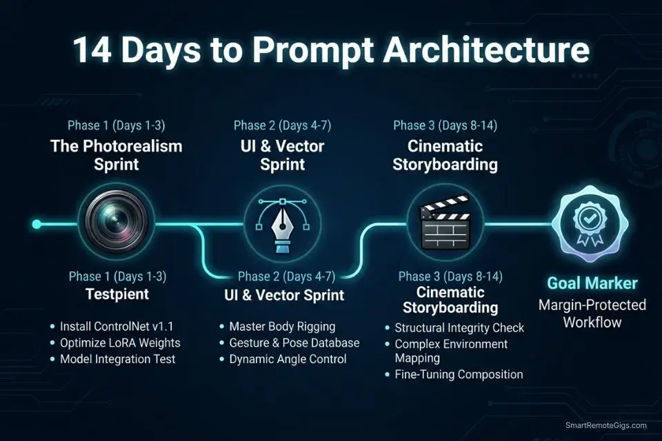 A 14-day execution roadmap for mastering Stable Diffusion prompt weighting, LoRA injection, and typography syntax.